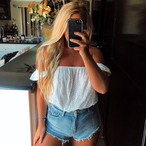 White crochet lace off the shoulder crop top